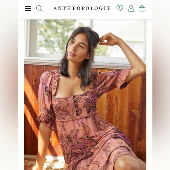 Anthropologie Maeve Birdsong Smocked Puff Sleeve Midi Dress Pink Birds Size M - Picture 3 of 16